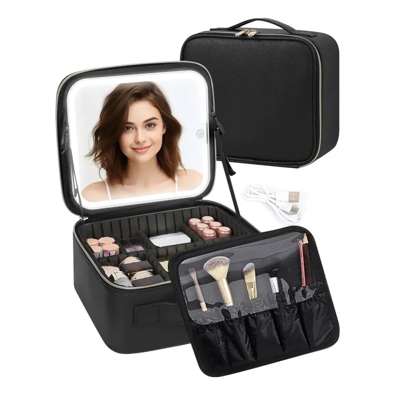 Maletin Estuche De Maquillaje Con Espejo Y Luz Led 3