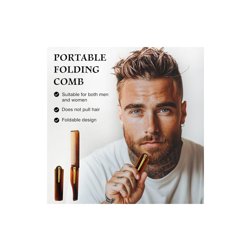 Men's Handmade Folding Pocket Comb, 6.69-Inch Amber Finish, Fine Tooth