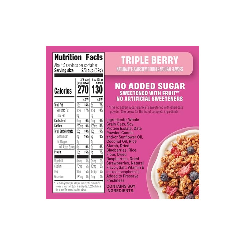 Wilde Terra Triple Berry Granola, 15g Protein, No Added Sugar,