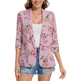 MINTLIMIT Chiffon Blazers for Women Business Casual Ruched 3/4 Sleeve Lapel Button Lightweight Shawl Collar Blazer Suit Jacket(Floral Pink, XL)