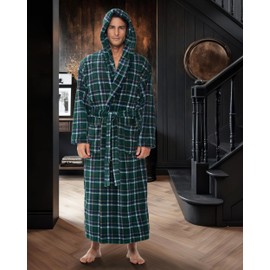 Alexander Del Rossa Mens Robe, Plush Fleece Hooded Bathrobe Men, Men's Bathrobes, Big and Tall Bath Robe for Men Hunter Green Plaid 2XL (A0125AFV2X)