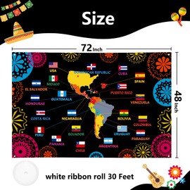Arosche Hispanic Heritage Month Decorations Banner 72" x 48" Spanish Speaking Countries Flags Map Latino American Celebration Photography Holiday Backdrop for Indoor Outdoor Garden,Party Home Decor