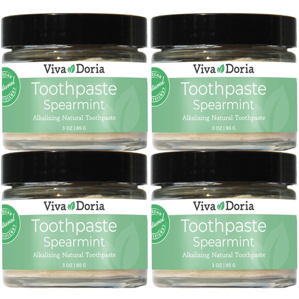 Pack of 4 Viva Doria Natural Toothpaste Fluoride Free Tooth Paste - Spearmint, Refreshes Mouth, Freshens Breath, Keeps Teeth and Gum Healthy, Spearmint Flavor, 3 oz Glass jar