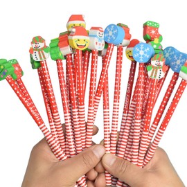 STUDYY 50 Pack Assorted Colorful Cartoon Christmas Stripe Wooden Pencil With Animal Eraser, Christmas Pencil Top Erasers for School Supplies and Children Prize Gifts