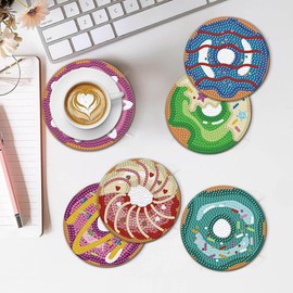 Set of 9 Diamond Art Painting Coasters with Stand, DIY Craft Coasters, Doughnut Pattern, Round Coasters (10 cm)