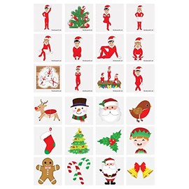Henbrandt 48 x Mini Christmas + Elfin Around Temporary Transfer Tattoos for Children Kids Festive Xmas Stocking Advent Calendar Fillers for Boys and Girls