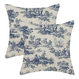 AGAYNA Navy Blue French Country Pillow Covers 18x18 Vintage Beige Blue Throw Pillows for Couch Retro Rustic Cottage Outdoor Pillowcase Farmhouse Decorative Cushion Case for Sofa Bed Decor Set of 2