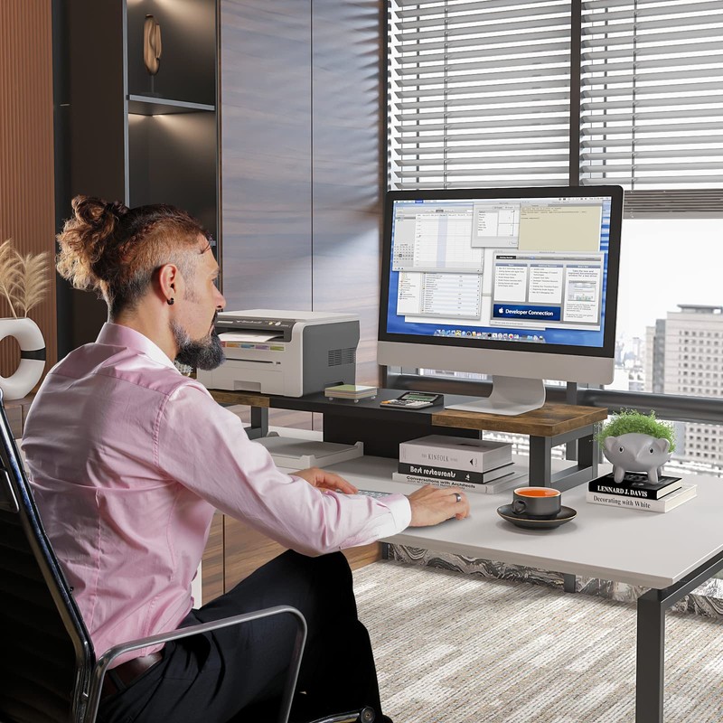 WESTREE Dual Monitor Stand Riser, Wood and Steel Multi-Purpose Desktop