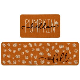 Artoid Mode Orange Hello Pumpkin Fall Kitchen Mats Set of 2, Autumn Home Decor Low-Profile Kitchen Rugs for Floor - 17x29 and 17x59 Inch