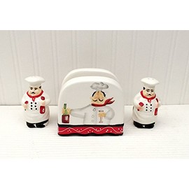 ACK Tuscany Colorful Plump Bistro Chef Hand Painted Ceramic Napkin Holder, Salt & Pepper Shakers Set of 3PCs, Kitchen Décor