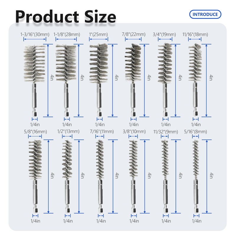 12Pcs Stainless Steel Bore Brush Set with 1/4" Hex Shank