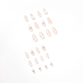 Nail Apparel Y2K Long Coffin Cute Kawaii Press on Nails 3D Cartoon Hot Pink Rabbite Black Pink Daisy Duck Glitter Rhinestone Heart Pearl Bow Flame Long Ballet Trapezoid Fake Nails 24Pcs (White Peach Heart Pearl Bow Almond)