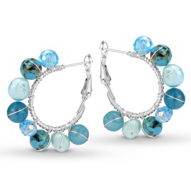 AeraVida Boho Chic Sterling Silver Hoop Earrings | 33mm Round Design with Polished Stone Inspired Accents | Fashionable Pearl Hoop Earrings | Lightweight & Stylish Jewelry for Any Occasion (Blue)