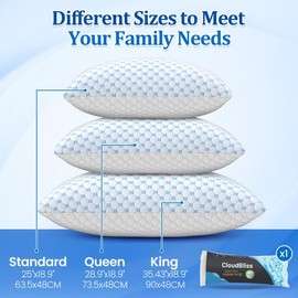 CloudBliss Cooling Bed Pillows for Sleeping, Shredded Memory Foam Pillows with Washable & Breathable Pillowcase, Adjustable Height Pillow for Side, Back and Stomach Sleepers, Standard Size