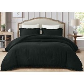 Chezmoi Collection Nora Black Comforter Set Oversized Queen Size 3-Piece Fluffy Soft Lightweight Bedding Ruffled Edge Trim Stone-Washed Microfiber Comforter Set for All Season