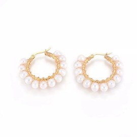 Unbranded Stainless Steel Hoop Earrings Pearl Ring White Gold Agate Tiger Eye Howlite P325