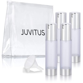 JUVITUS 1.7 oz / 50 ml Airless Frosted Silver Pump Bottle (4 Pack) + Travel Bag and Funnel