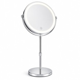 9” Height Adjustable Lighted Makeup Mirror with 10X Magnification - Rechargeable 360° Double Sided Vanity Mirror with 3 Color Modes, Touch Dimmable Brightness for Bathroom & Bedroom - Gift for Women