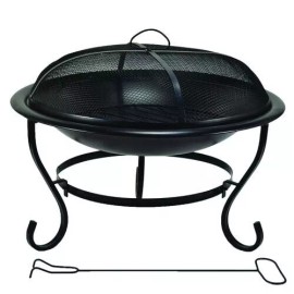 Backyard Creations 23 1/2" Round Black Steel Fire Pit Outdoor Poker Wood Grate Spark Screen Set
