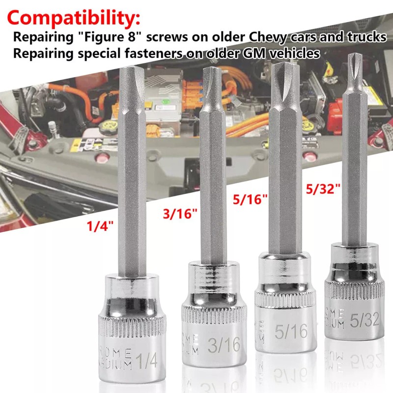 Chevy 4PC Clutch Head Bit Socket Set Used with 3/8"