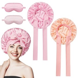 Set de 4 Piezas para Dormir, 2 Gorros de Seda Ajustables y 2 Máscaras de Ojos Suave, Gorro de Seda para Dormir Antifrizz, Ideal para Cabello Rizado, A