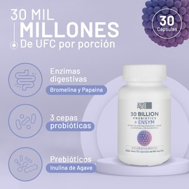Probiótico 30 Billones + Enzimas digestivas - Fórmula Avanzada con Prebióticos - Suplemento Alimenticio