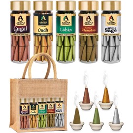 The Aroma Factory Organic Dhoop Cones | Gugal, Oudh, Loban, White Sage & Kesar Chandan Incense Cones | No Charcoal, Scented Incense | 5x30 Cones, Pack of 5 Jute Bag Giftset