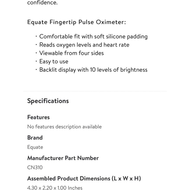 Equate Fingertip Pulse Oximeter Blood Oxygen Saturation Level Rate Monitor