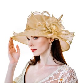 SHUERIET Women Kentucky Derby Organza Fascinator Floral Veil Mesh Sun Hat Church Hat for Bridal Wedding Cocktail Party (nk1-Golden)