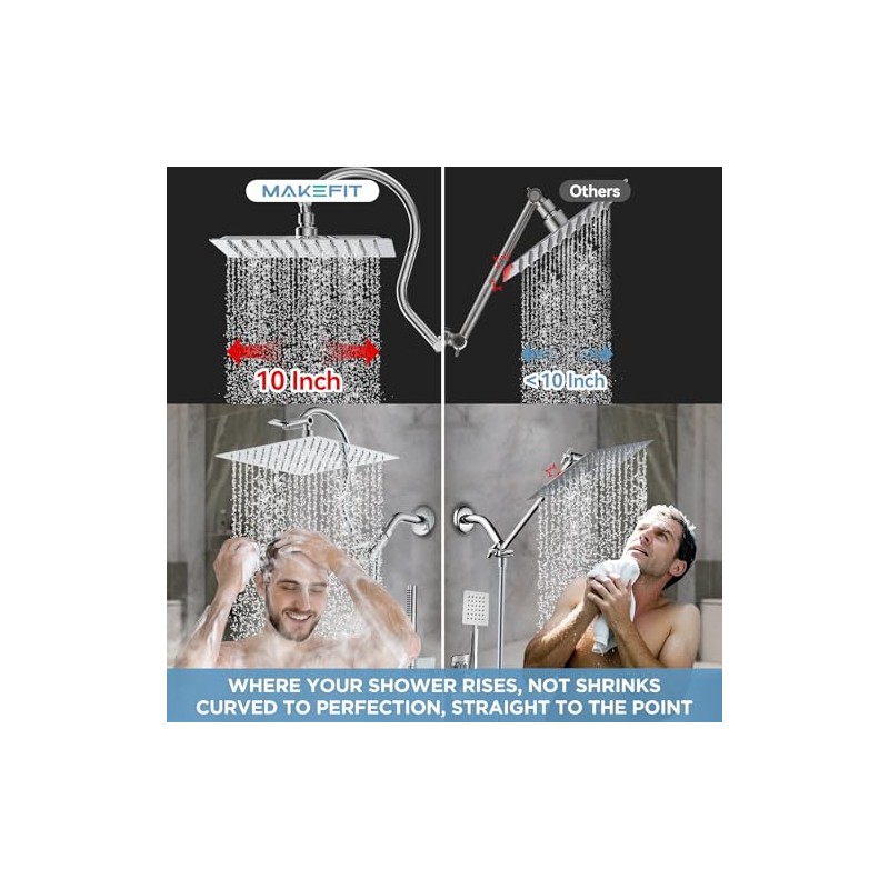 All Metal Dual Shower Heads Combo with Curved Extension Arm,