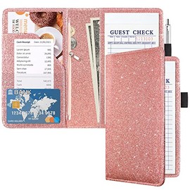 ACdream Server Books for Waitress with Zipper Pocket, Guest Book Note Pad, Cute Pocket Leather Money Organizer Wallet, Cash Check Bill Receipt Holder Presenter, Waiter Accessories, Glitter Rose