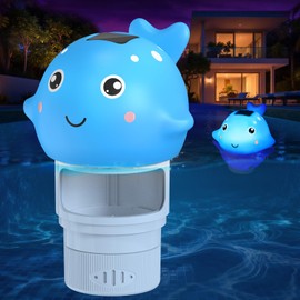 Blufree Pool Chlorine Floater, Solar Whale Chlorine Tablet Floater w/Light, Adjustable Release & Large Capacity Fits 3 inch Tabs Floating Chlorines Dispenser for Pool, Hot Tub Spa Party (White, 9.1in)
