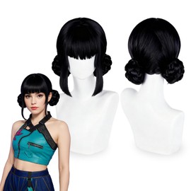 YONGCANWIG Black Anime Cosplay Bun Wig, Cute Halloween Short Black Cosplay Wigs with Double Buns, 2 Hair Caps + Wig, Synthetic Hair for Christmas Parties and Events for Women & Teen Girls