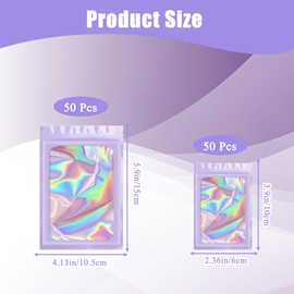100 PCS Foil Ziplock Bags,10.5x15 cm and 6x10 cm Purple Resealable Storage Pouches,Holographic Bag, Baggies, Cute Small Plastic Bags,for Food Storage,Jewelry,Electronics