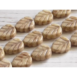 Czech 12 - 10x8mm CZECH OPAQUE BEIGE BROWN WASH BIRCH LEAF GLASS BEADS AUTUMN FALL