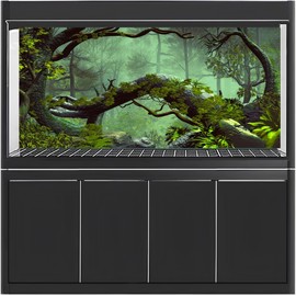 MIRRORANG 91x41cm Foggy Forest Terrarium Background Stone Green Tree Tropical Reptile Habitat Background Rainforest Aquarium Background Vinyl Background