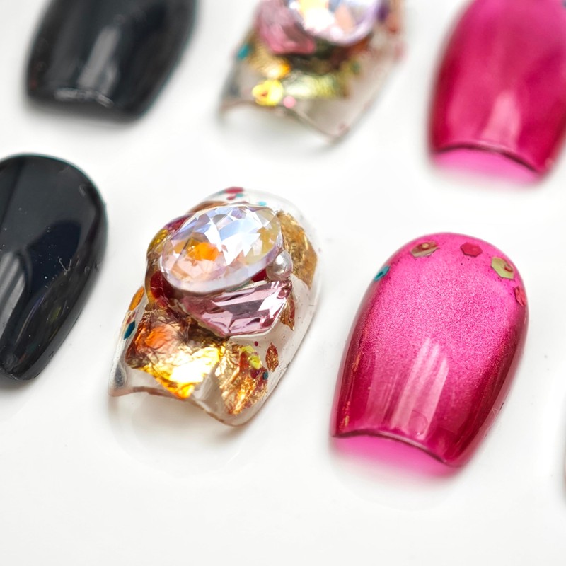 farfarflame Handmade Nail Tip, Short, False Nail Stand, 3D Diamond,