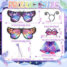 Joellfuner Children's Butterfly Costume on Both Sides, Pack of 5 Children's Butterfly Wings, Butterfly Cape Wings Child with Mask, Fairy Stick, Tutu Skirt with LED, Carnival Cosplay (Style 2)