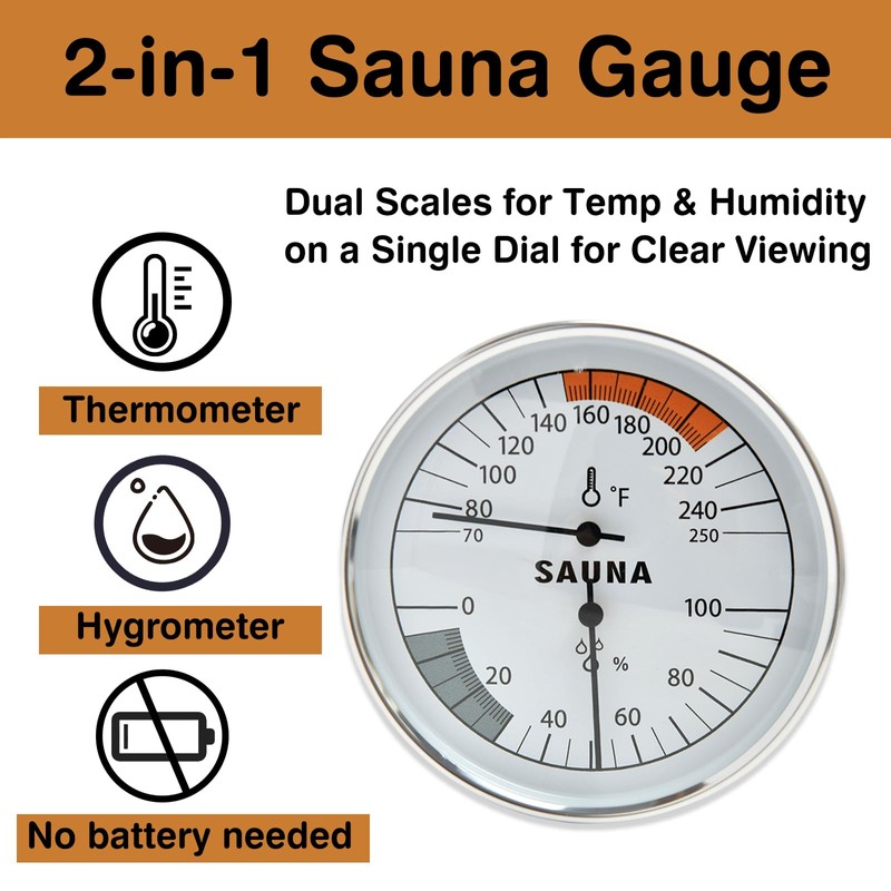 2-in-1 Sauna Thermometer & Hygrometer (Fahrenheit) for Sauna Rooms, 70-250℉