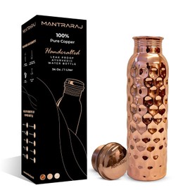 MantraRaj 100% Pure Copper Water Bottle 1 Liter 34 Oz Leak Proof Perfect Ayurvedic Copper Vessel for Sports, Fitness, Yoga, Gym Natural Health Benefits Antique Sports Water Bottle (Diamond)