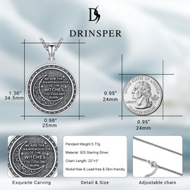 DRINSPER Witch Necklace,We Are The Granddaughters of the Witches You Couldn't Burn 925 Sterling Silver Mystical Wizard Hat Broom Crescent Moon Pendant Vintage Magic Witchcraft Star Amulet Jewelry