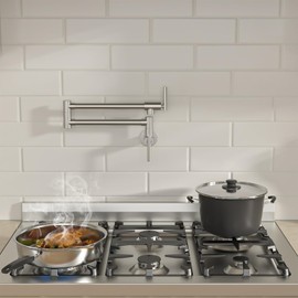 Lordear Pot Filler Faucet Brushed Nickel Finish Commercial Wall Mount Stove Kitchen Faucet, Stainless Steel Pot Filler Folding Faucet Over Stove, Kitchen Faucet with Double Joint Swing Arms