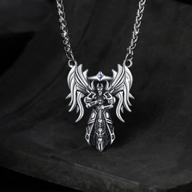 YAMI Guardian Angel Necklace for Men, Hypoallergenic 316 Stainless Steel Cast Angel Wings Pendant 24 Inch Chain, Men's Jewelry (Silver)