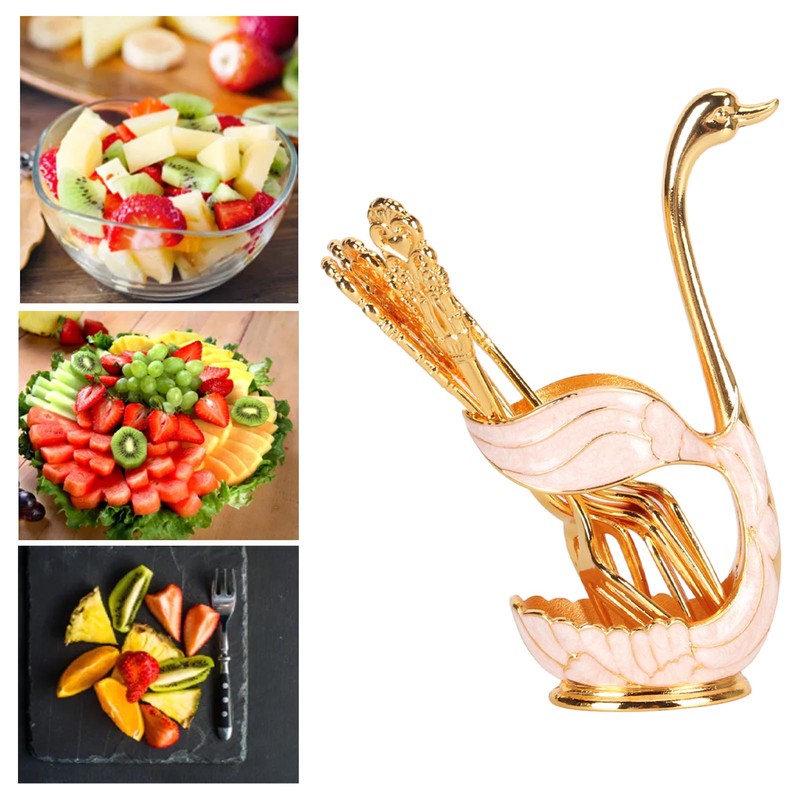 6Pcs Coffee Dessert Fork Set Metal Swan Base Holder Dessert