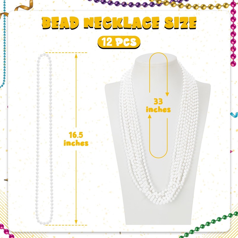 12 PCS Mardi Gras Beads Bulk, 33" White Beads Necklaces,