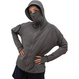 Growncharm SYZ4027 Women's Rash Guard, Cool Material, With Hole Fingers, High Neck, Hat with Tongue, UPF 50+, UV Protection, gray