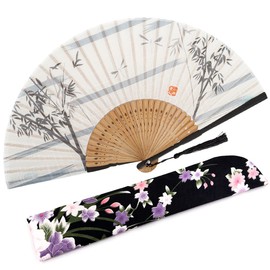 Amajiji 8.27"(21cm) Hand Held Bamboo Silk Folding Fan Hand Fan,Chinese/Japanese Charming Elegant Vintage Retro Style,Women Ladys Girls Best Gifts (White Bamboo Forest)