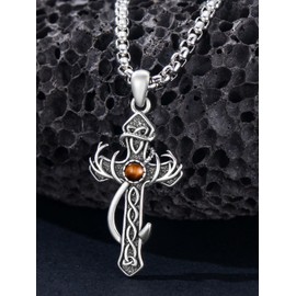 Seiyang Tiger Eye Cross Necklace for Men 925 Sterling Silver Deer Antler Fish Hook Necklace Hunting Necklace Cross Jewellery for Men