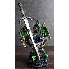 Ebros Gift Legendary Celtic Metallic Green Earth Dragon Holding High Cross with Blue Orb and Draconian Claw Sword Letter Opener Figurine Home Office Decorative Sculpture Medieval Dungeons Dragons