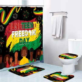 Black History Month Bathroom Shower Curtain Set June 19 1865 African American Emancipation Black Freedom Celebration Bathroom Sets with Rugs(Bath Mat,U Shape and Toilet Lid Cover Mat) and 12 Hooks